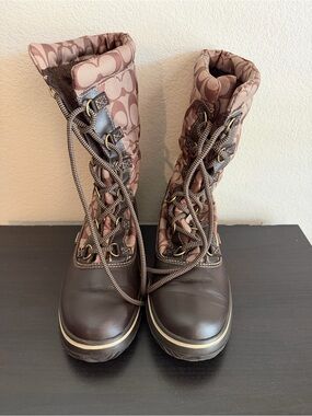 Coach Signature Winter Snow Boots Brown Leather and Logo Print- Lace Up Women’s